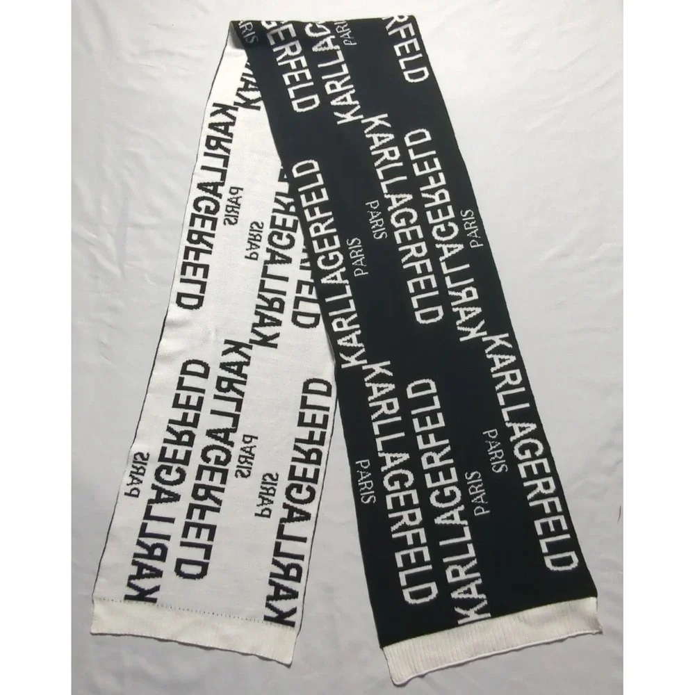 Karl Lagerfeld Paris Scarf‎ Black White Logo Knit Acrylic Reversible  70x10 EUC